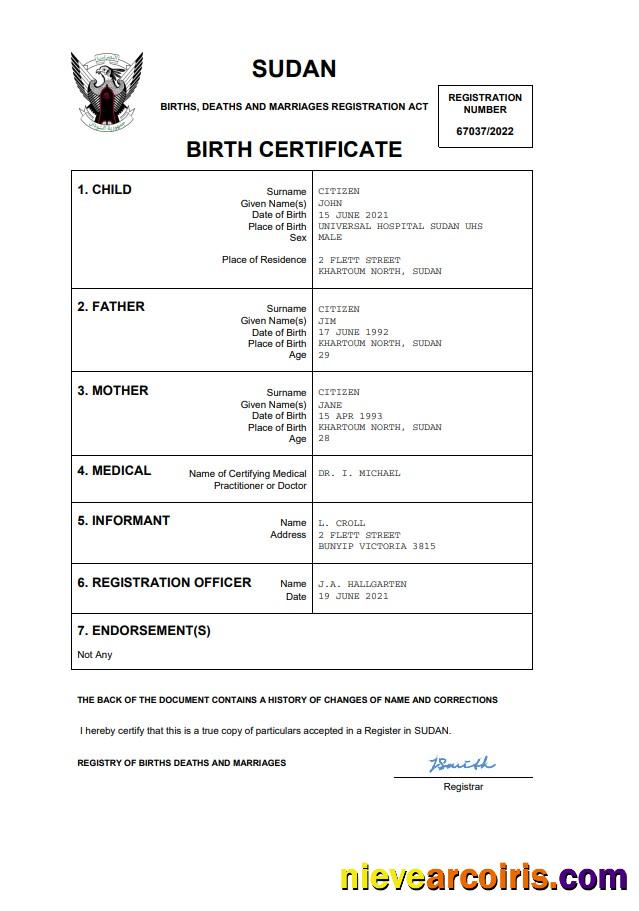 Sudan birth certificate